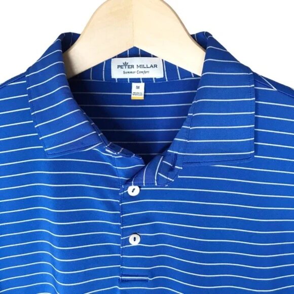 Peter Millar Halifax Stripe Stretch Jersey Polo Blue Grey Golf Shirt (Men M) - Picture 1 of 10